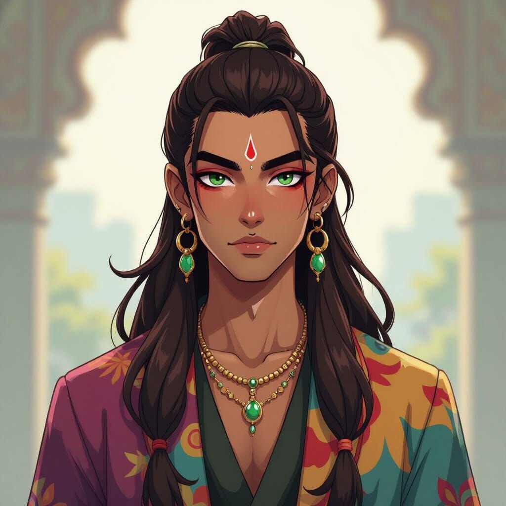 Anime Character Portrait with Red Eye Makeup and Green Eyes