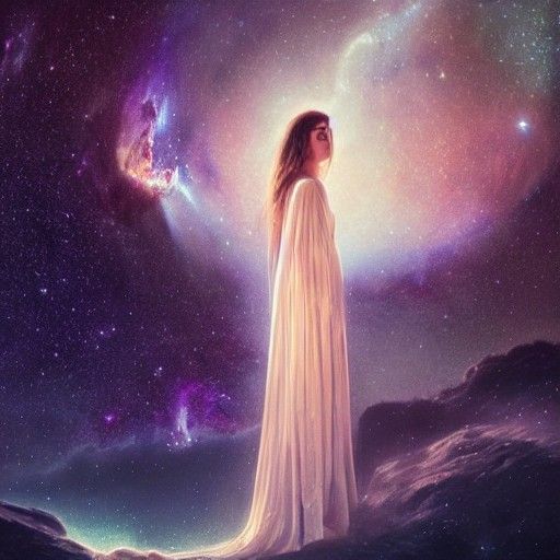 Goddess Gazing at Starry Galaxy: Photorealistic Astral Art