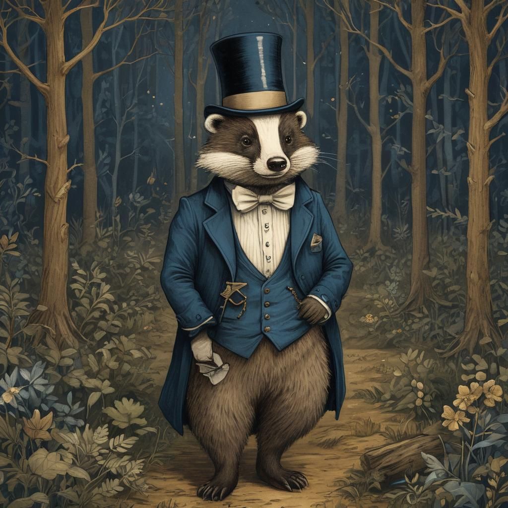 Badger in Top Hat: A Whimsical Victorian Illustration