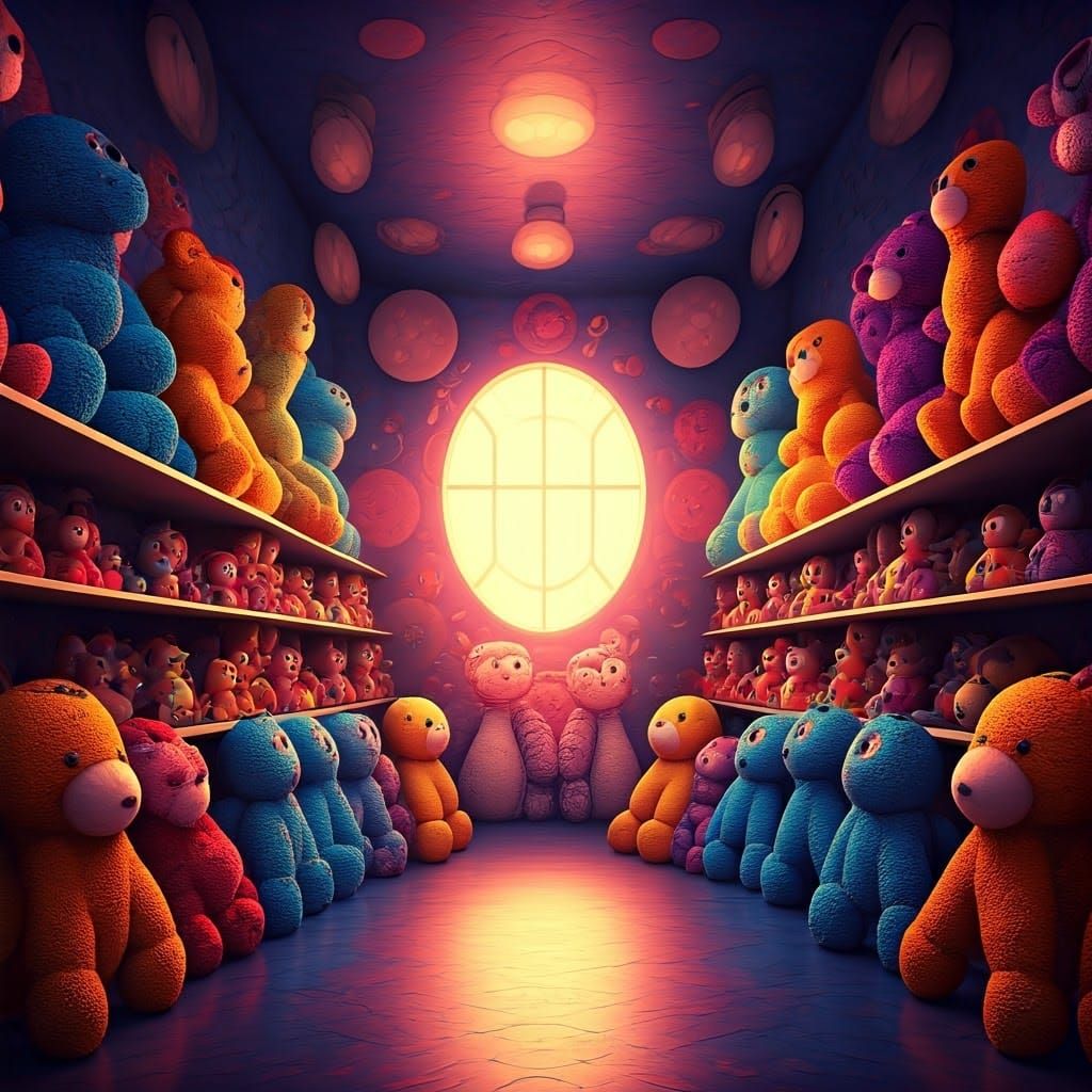 Whimsical Room of Stuffed Animals in 3D Style