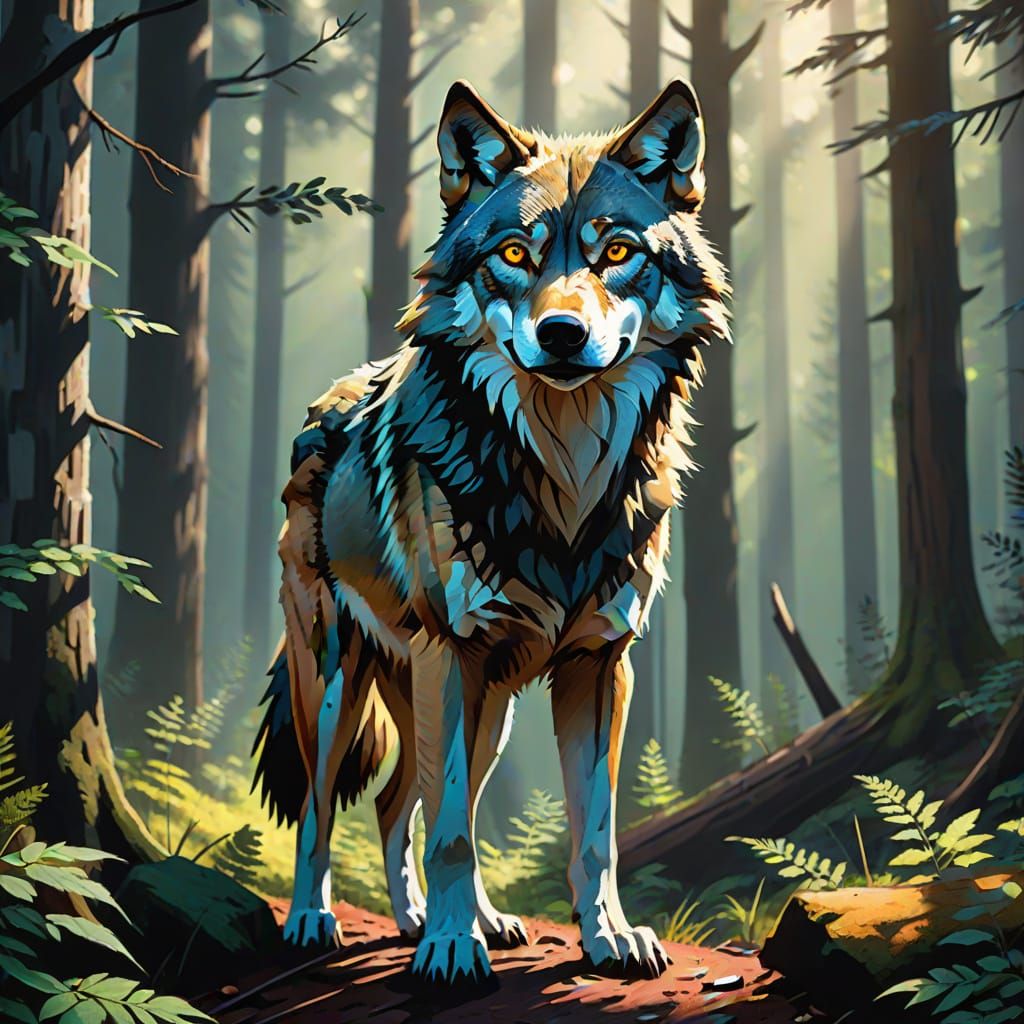 Majestic Wolf in Dappled Forest Light, Digital Painting