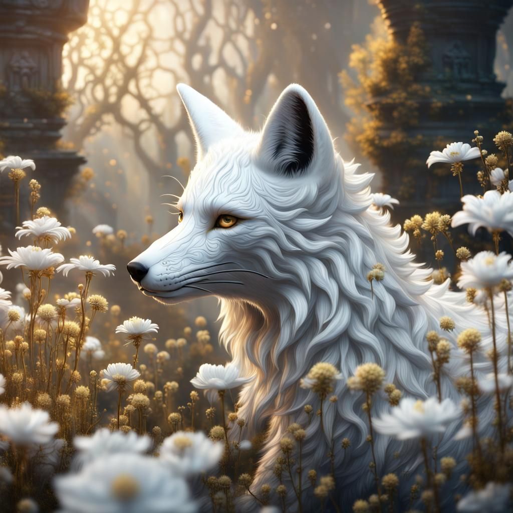 Floral Fox in Magical Mist, Detailed Digital Art