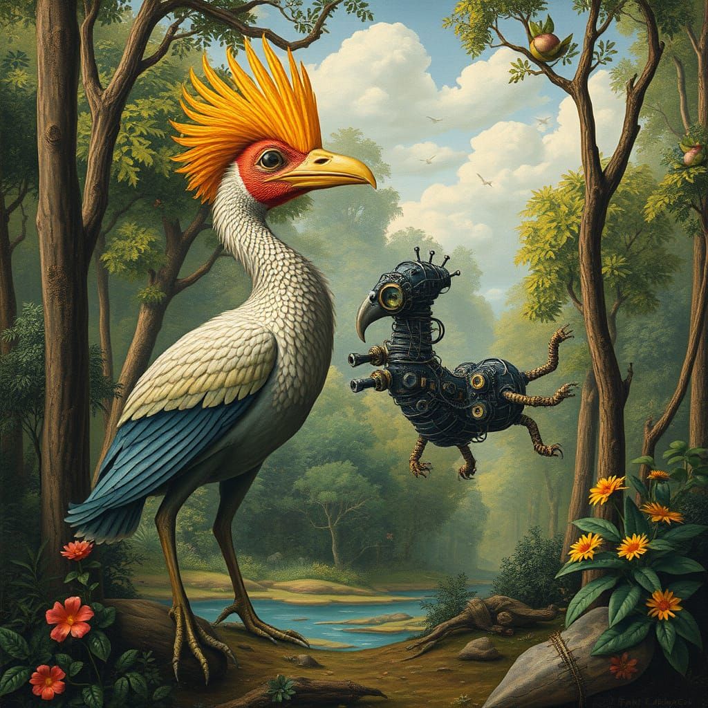 Dodo Bird & Cybernetic Drone in Surreal Forest