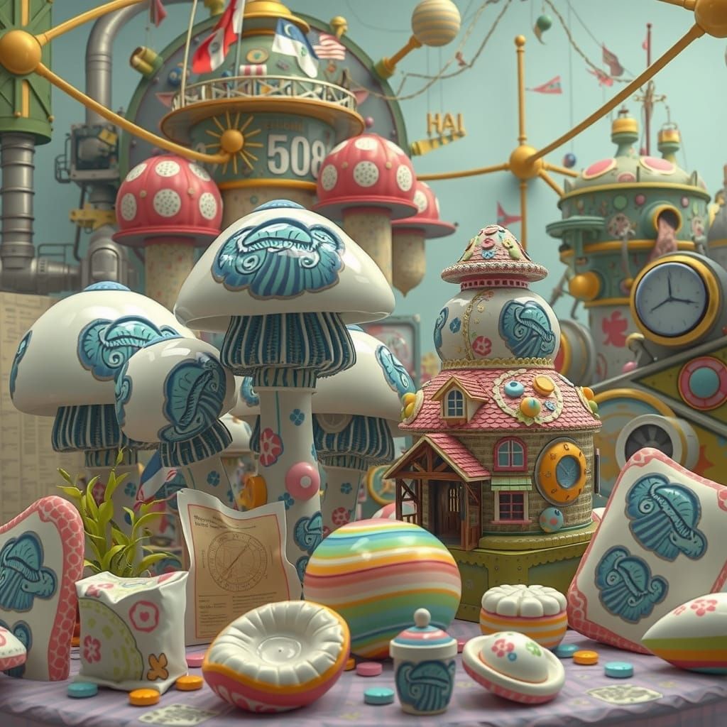 Whimsical Steampunk Mushroom Sculpture in Hyperrealistic Sty...