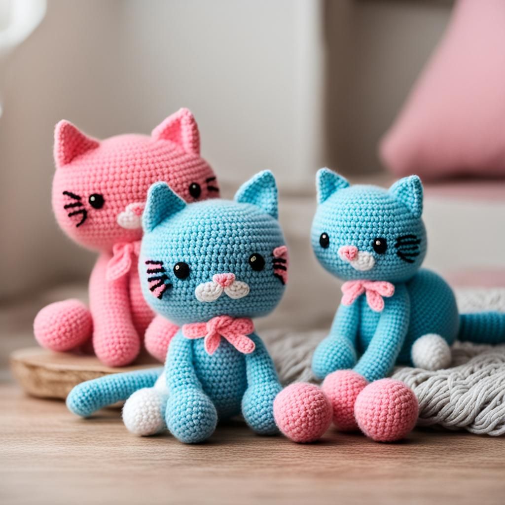Cute Crochet Pink and Blue Cat Plushies