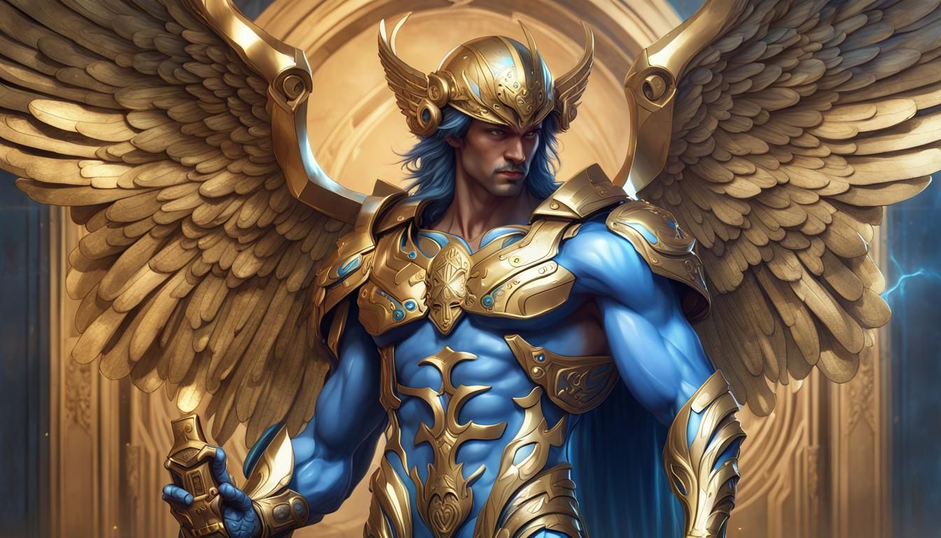 Angelic Warrior in Blue and Gold Armor