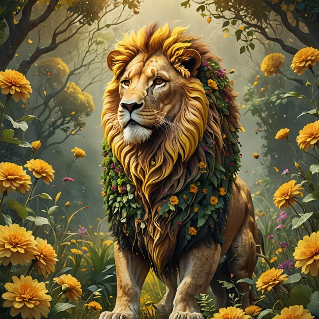 Floral Lion in Lush Garden: Surreal Digital Art