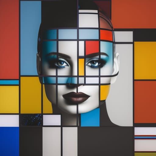 Cracked Portrait with Mondrian Overlay in Hyperrealism