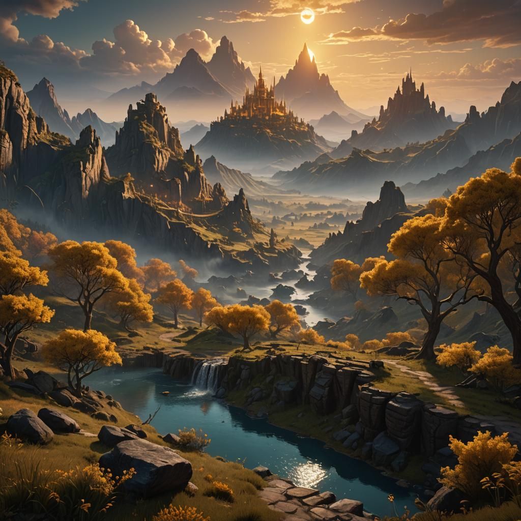 Golden Sunset Landscape in Detailed Matte Painting