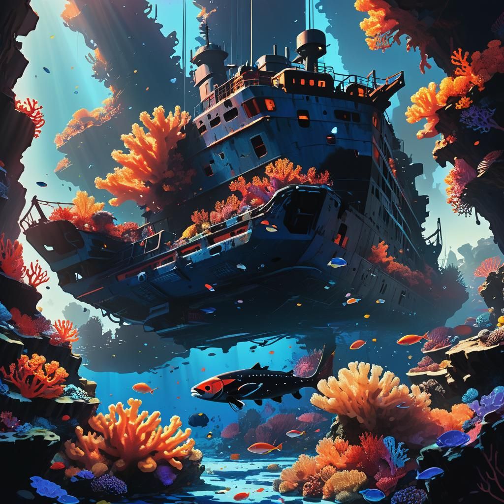 Sunken Ship Coral Reef in Fantasy Concept Art Style