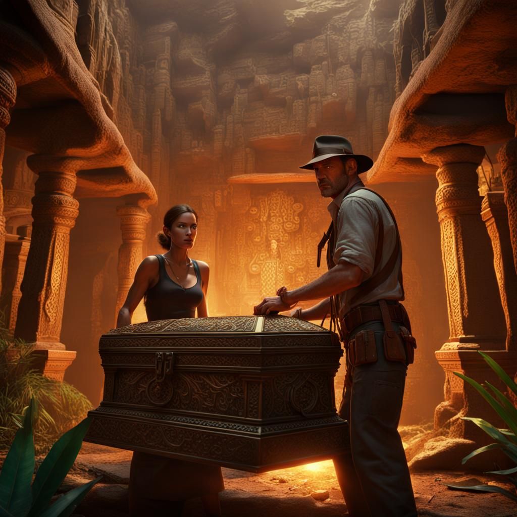 Indiana Jones and Lara Croft Open Jeweled Coffin