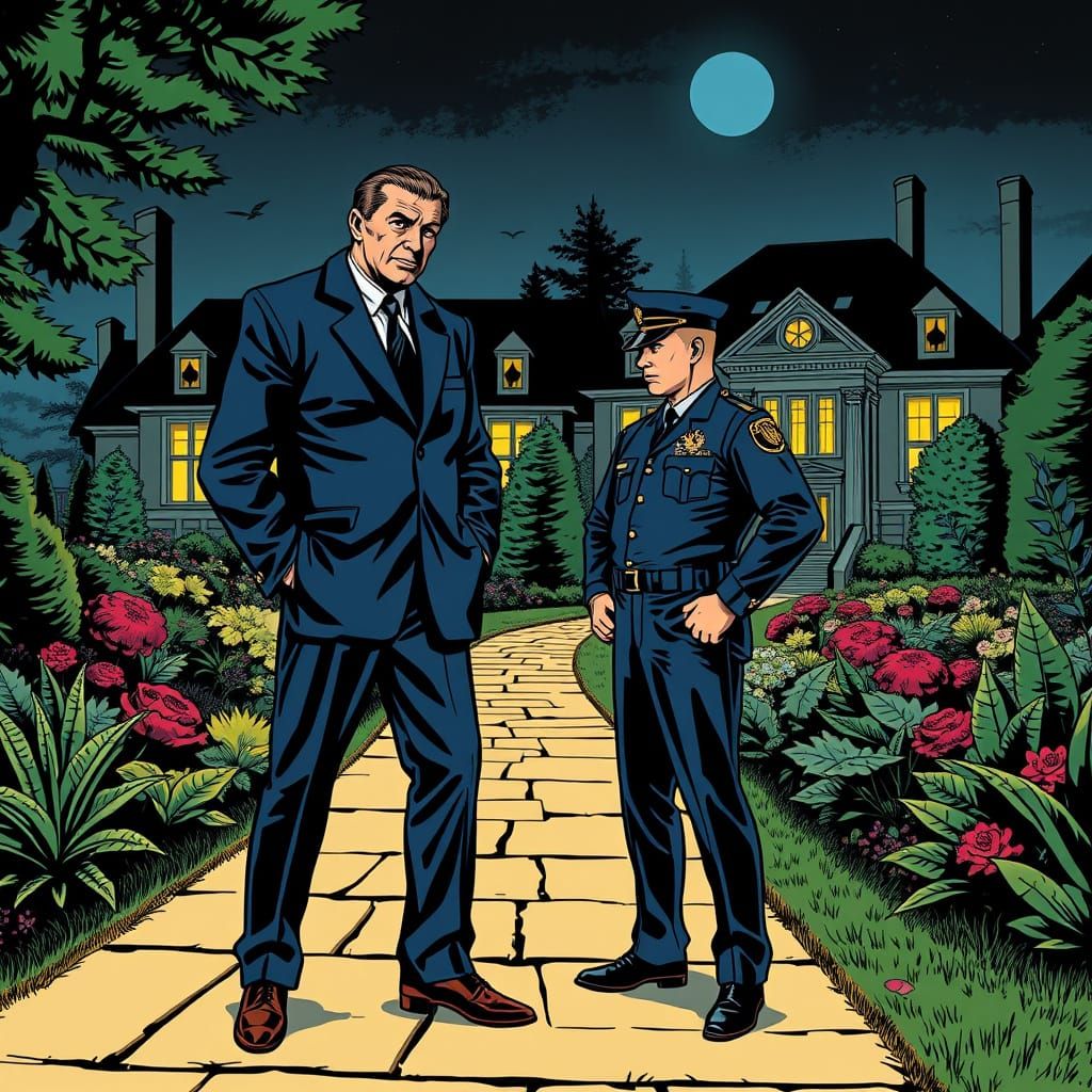Noir Detective and Officer at Mansion, Comic Book Style