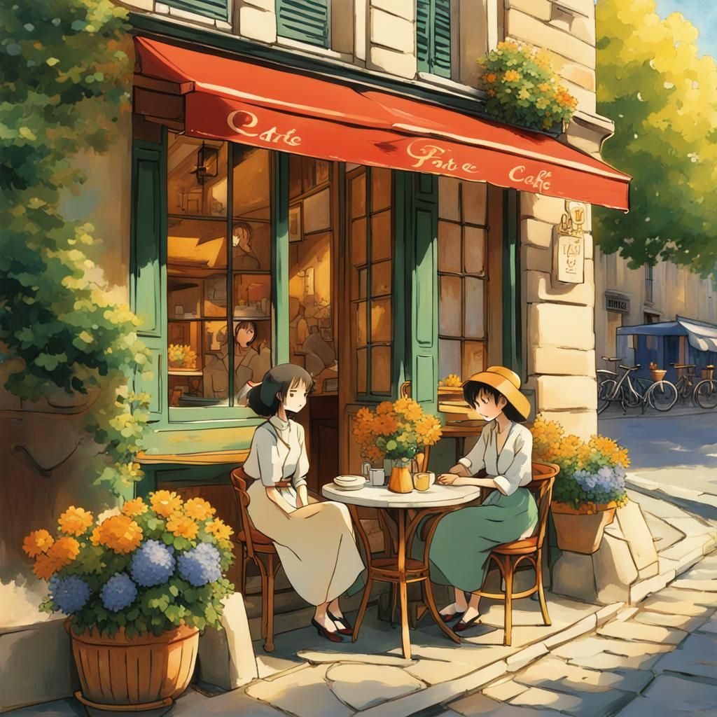 Parisian Cafe Scene in Ghibli Anime Style