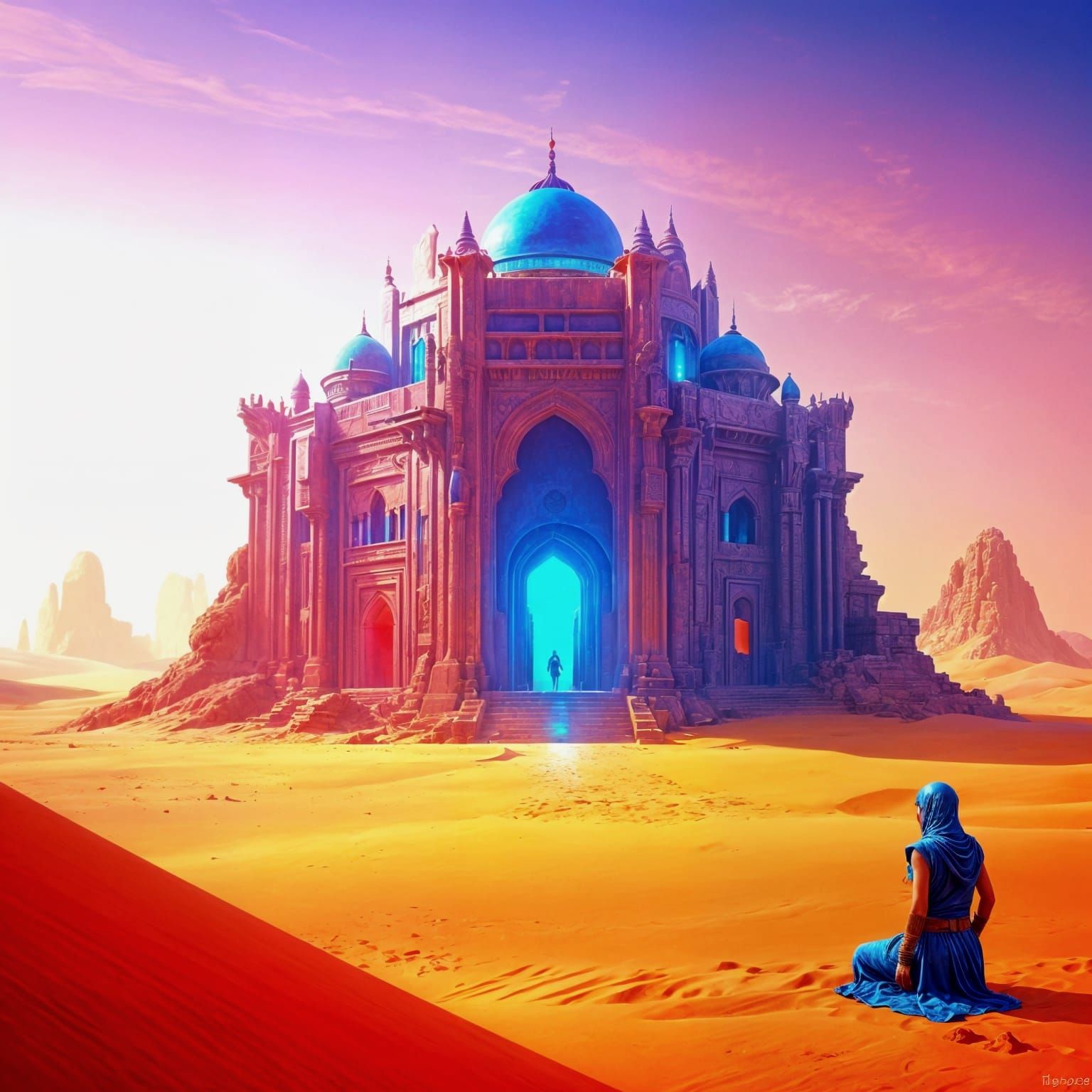 Cyberpunk Temple in a Mystical Desert Landscape