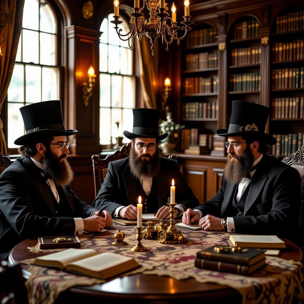 Steampunk Shabbat: Hasidic Men in a Cozy Library