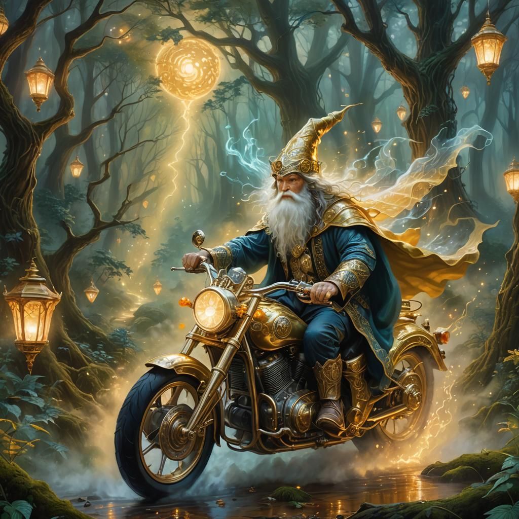 Wizard Rides Motorcycle Through Mystical Forest