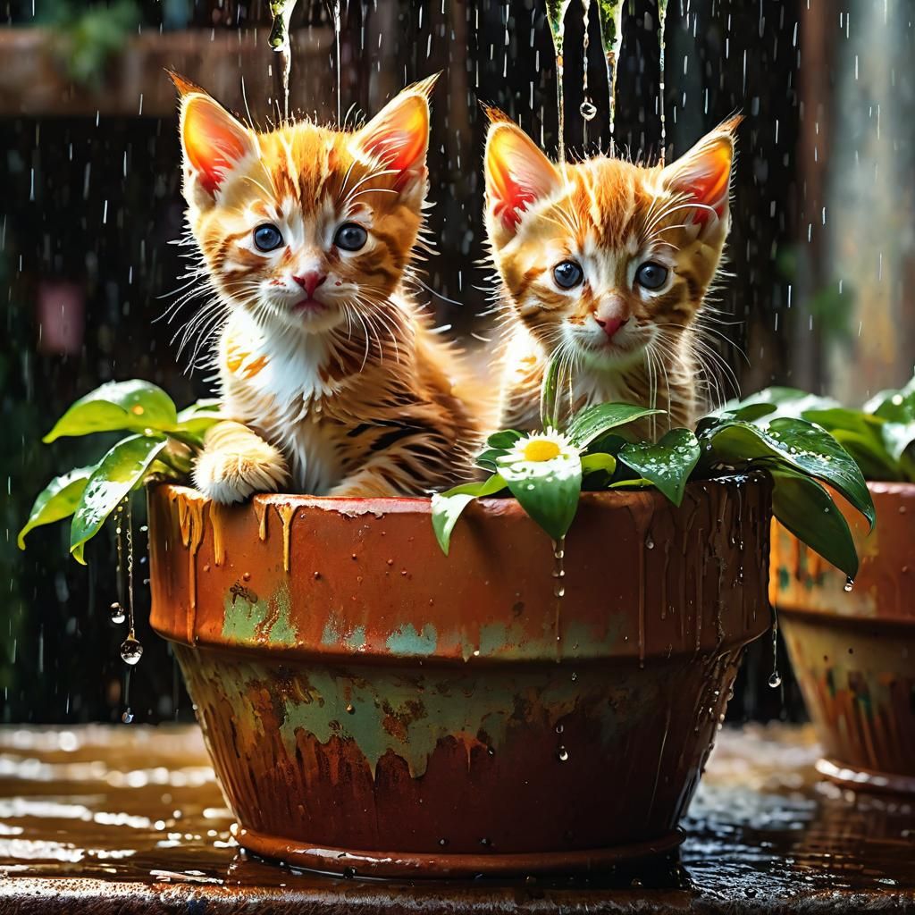 Sad Kittens in Rain: Detailed Matte Painting