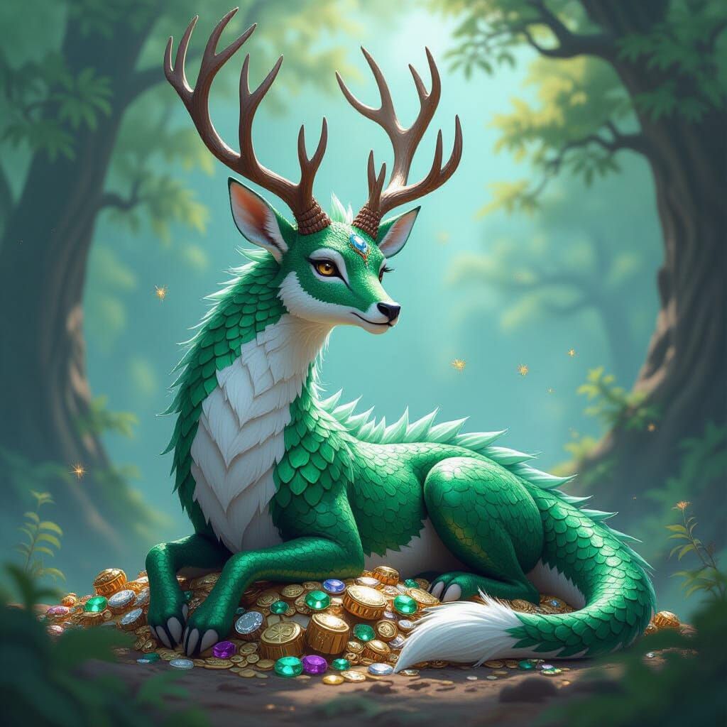 Emerald Dragon with Deer Antlers on Treasure