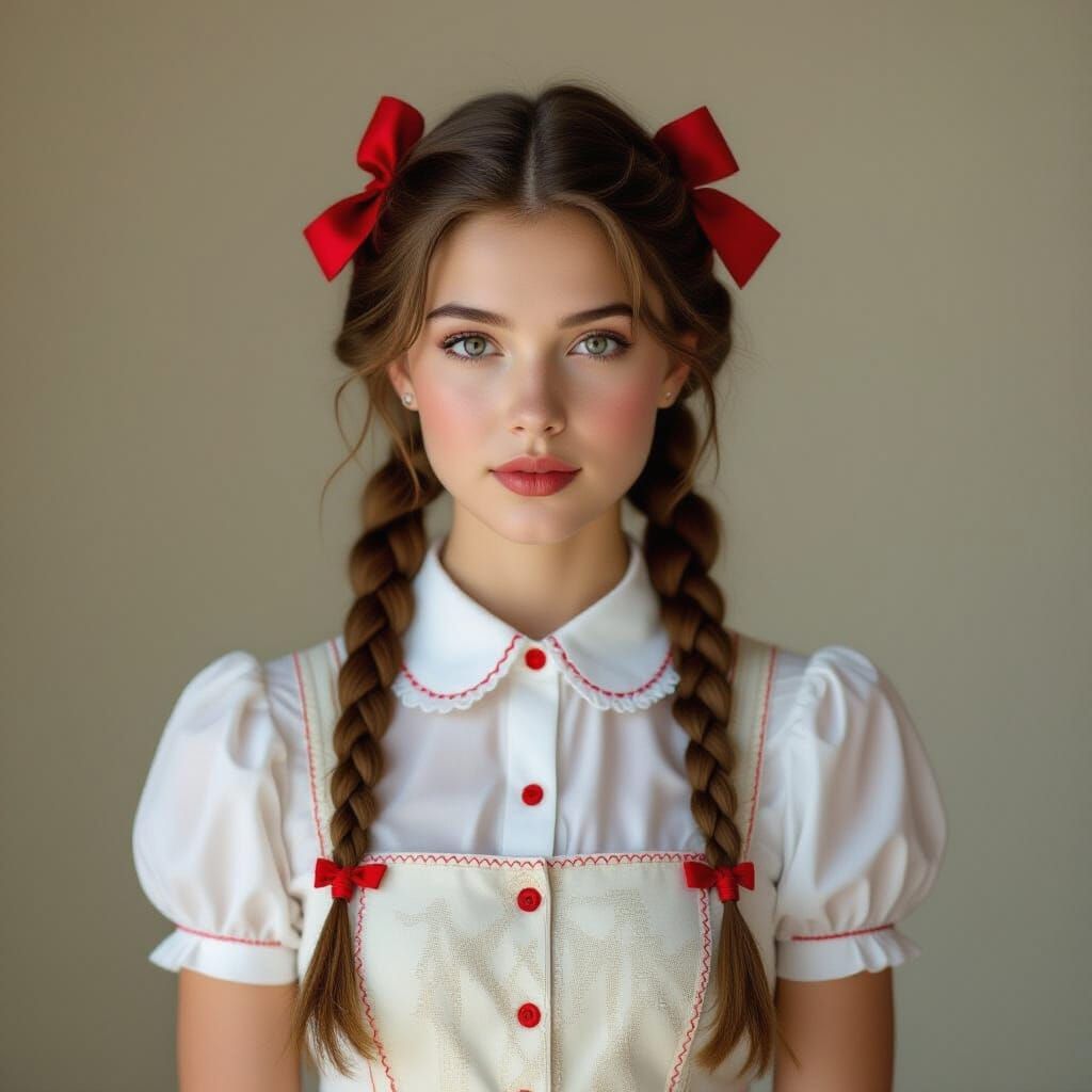 Hyperrealistic Portrait of Lena in White Blouse with Red Bow