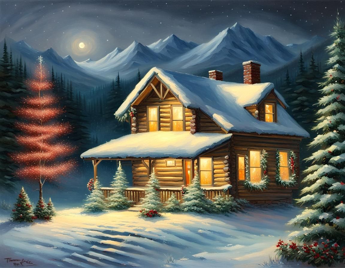 An oil painting a mountain cabin at night decorated for Christmas, a Christmas tree in the front yard, painted by Thomas...