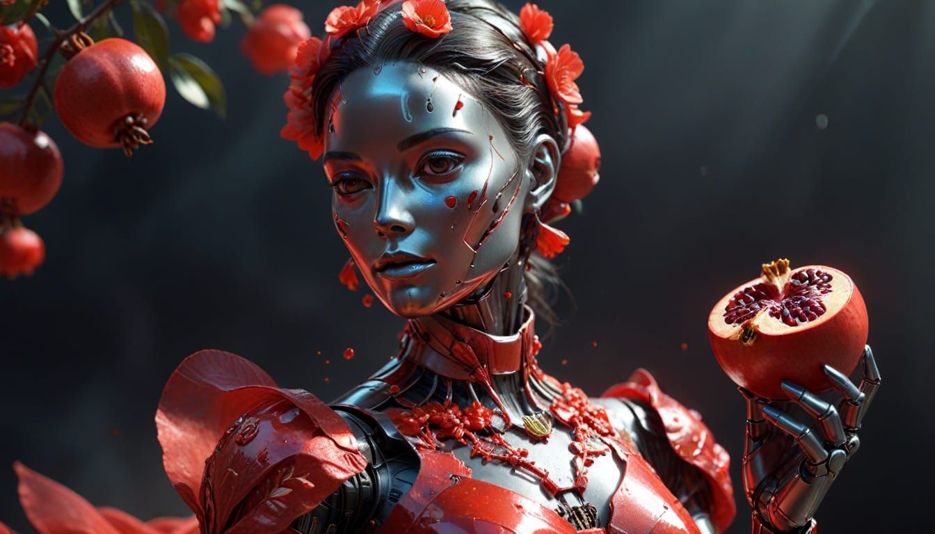 Female Robot with Pomegranate in Hyperrealistic Sci-Fi Art