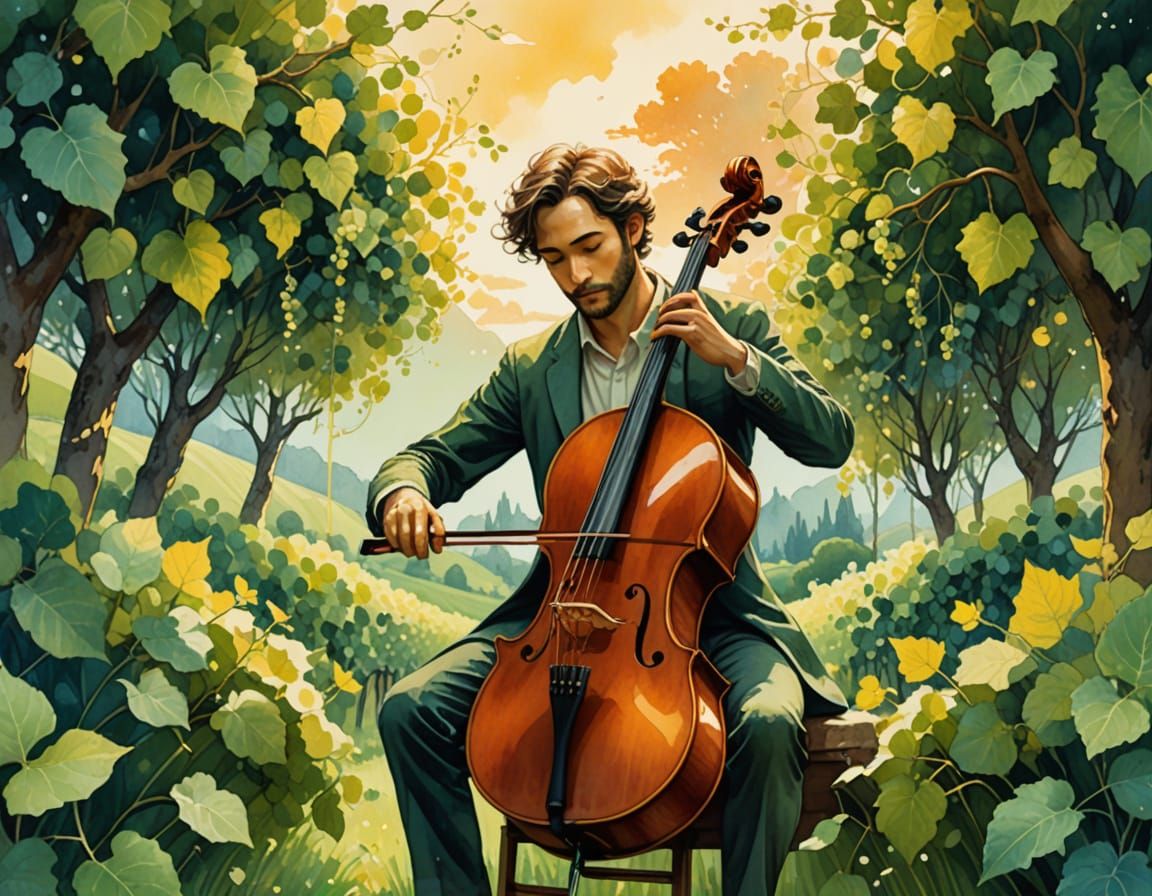 Fantasy Cellist Amidst a Lush Vineyard