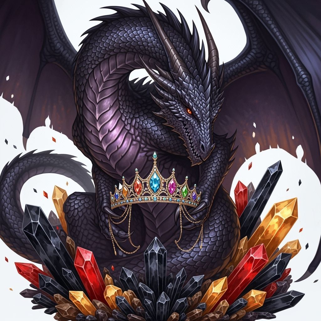 Iridescent Dragon Guarding a Crown in a Digital Art Style