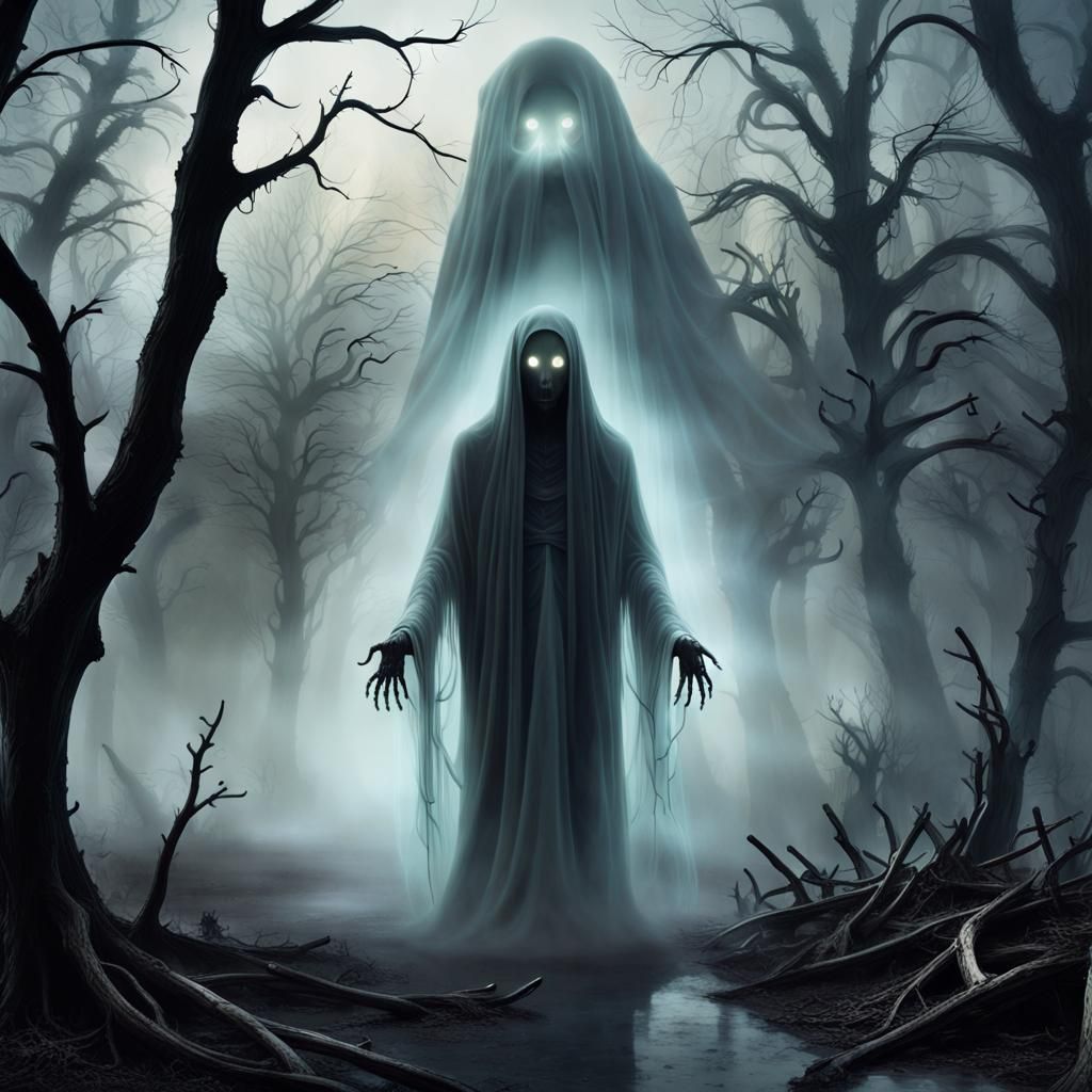 A  ghostly figure with glowing eyes amidst a desolate and ee...