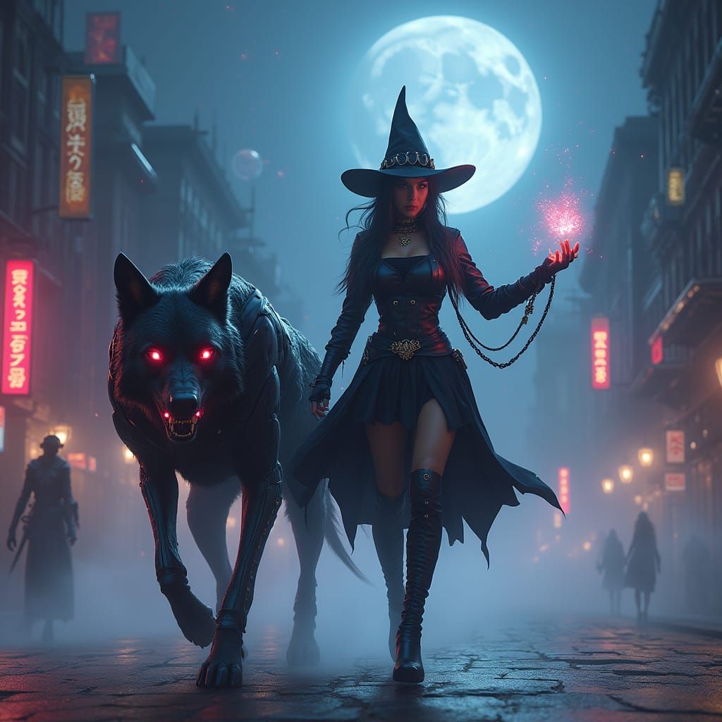 Cyberpunk Mage With Armored Wolf in Steampunk City