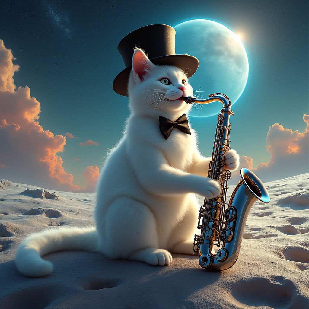 Cat Saxophonist on the Moon in Surreal Style