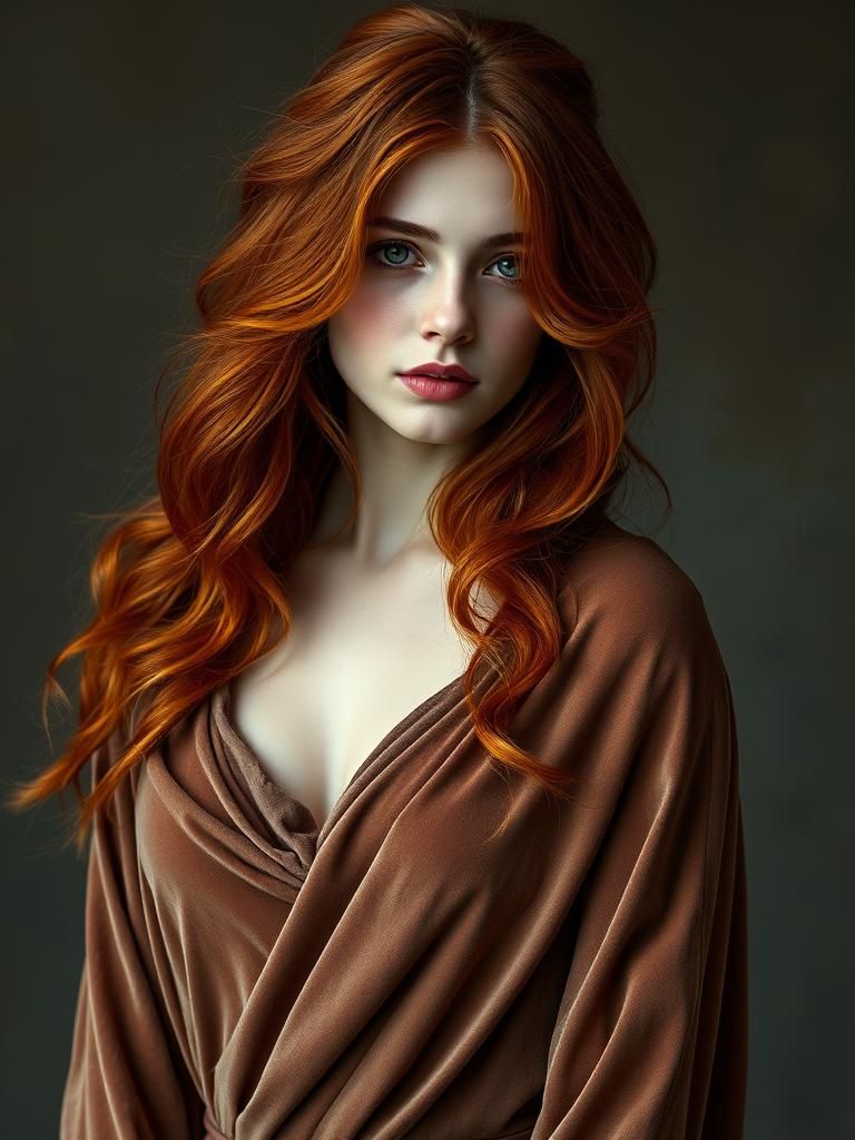 Auburn Haired Woman in Flowing Gown, Oil Painting