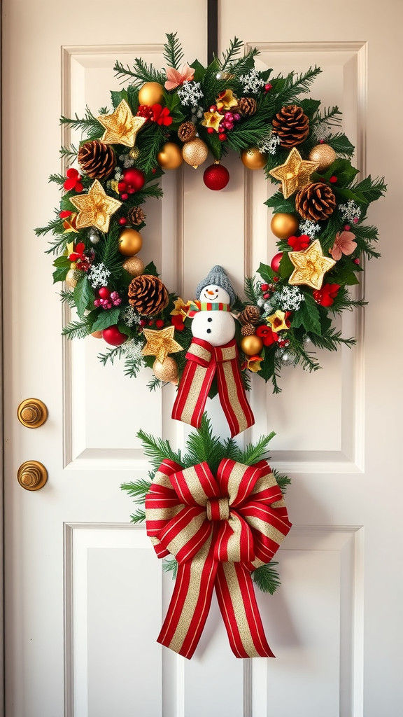 Ornate Christmas Wreath with Snowman on White Door