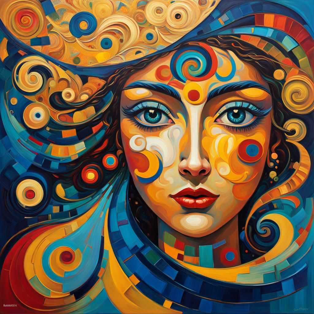 Neo-Expressionist Woman with Swirling Shapes as Oil Painting