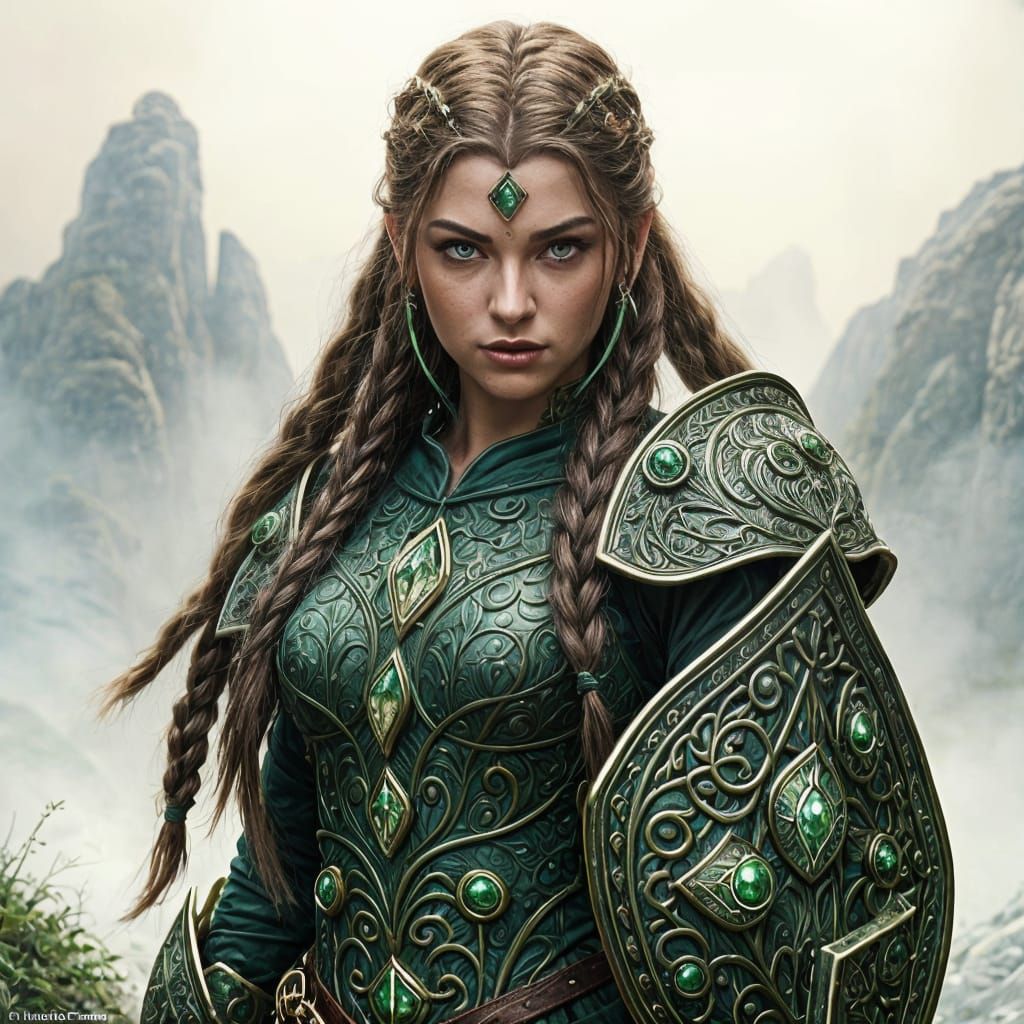 Warrior Woman with Emerald Eyes in Fantasy Landscape