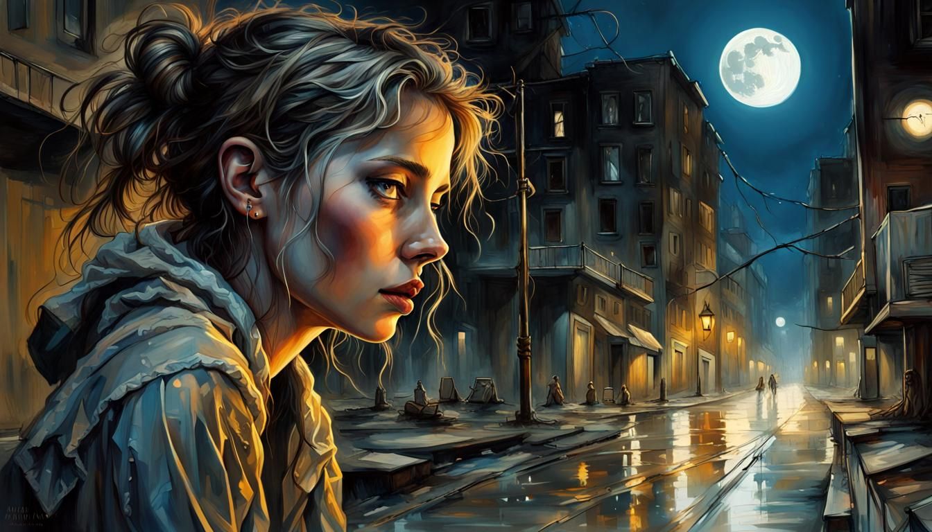Emotional Runaway Crying in Moonlit Street Scene