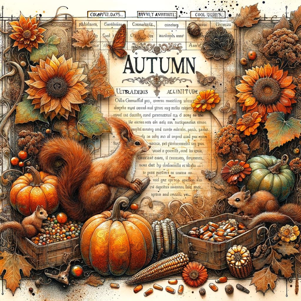 Autumn Junk Journal Page with Botanical Art and Squirrels