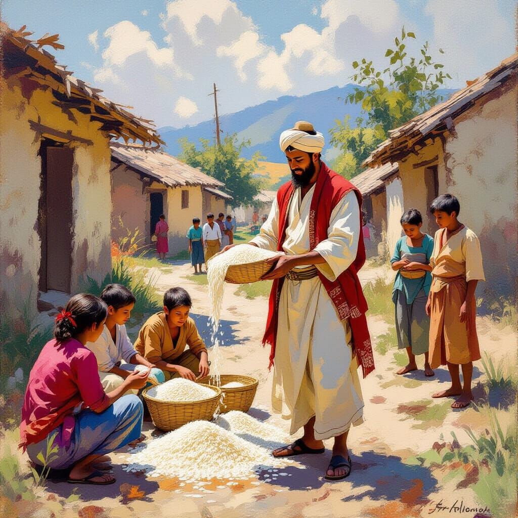 Generous Man Shares Rice in Village, Monet-Inspired Art