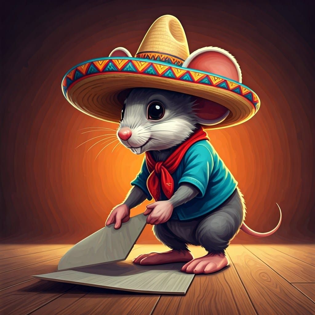 Mouse in Sombrero Does Flooring, Bold Illustration