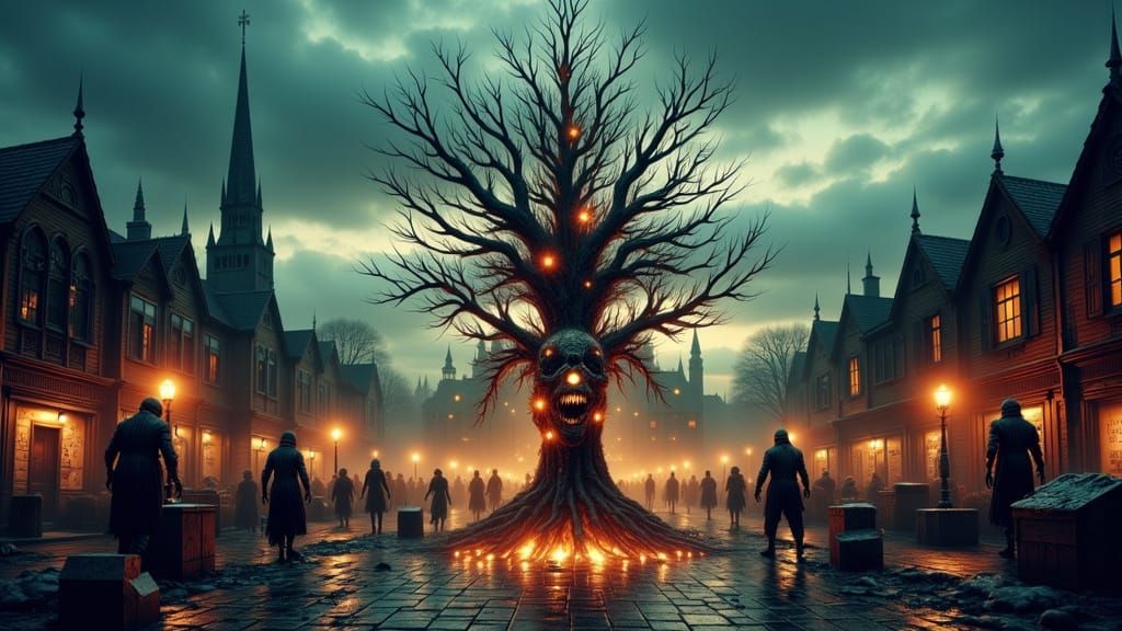 Grotesque Zombie Christmas Tree in Surreal Horror Style