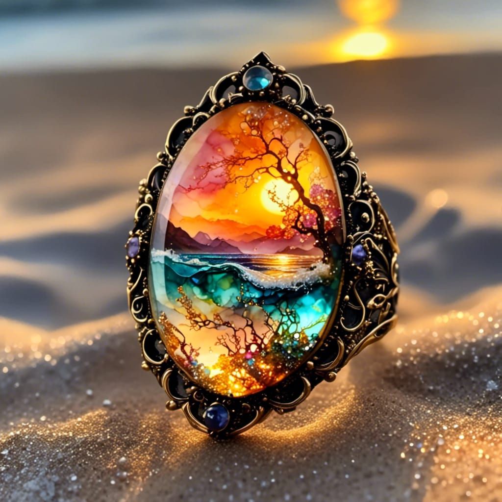 Fantasy Ring on Beach at Sunset in Alcohol Ink