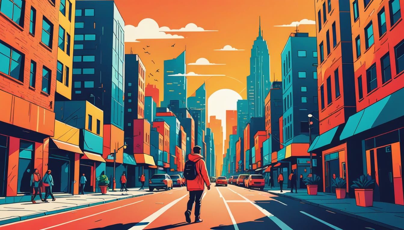 Person Walking in Sunny City: Flat Illustration