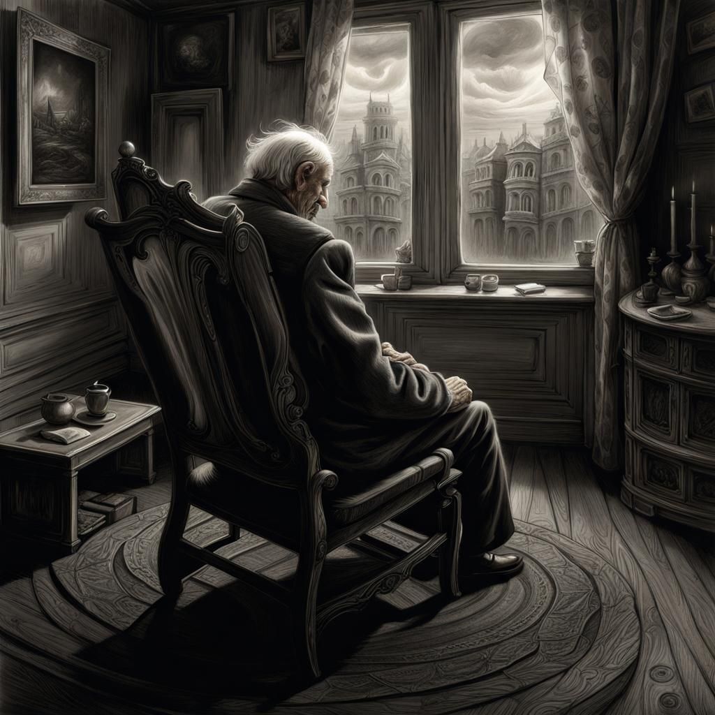 Despairing Old Man in Grayscale Charcoal Drawing