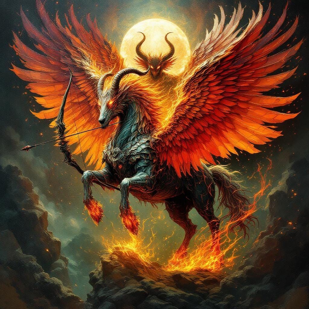Fiery Armored Centaur Archer with Angelic Mural