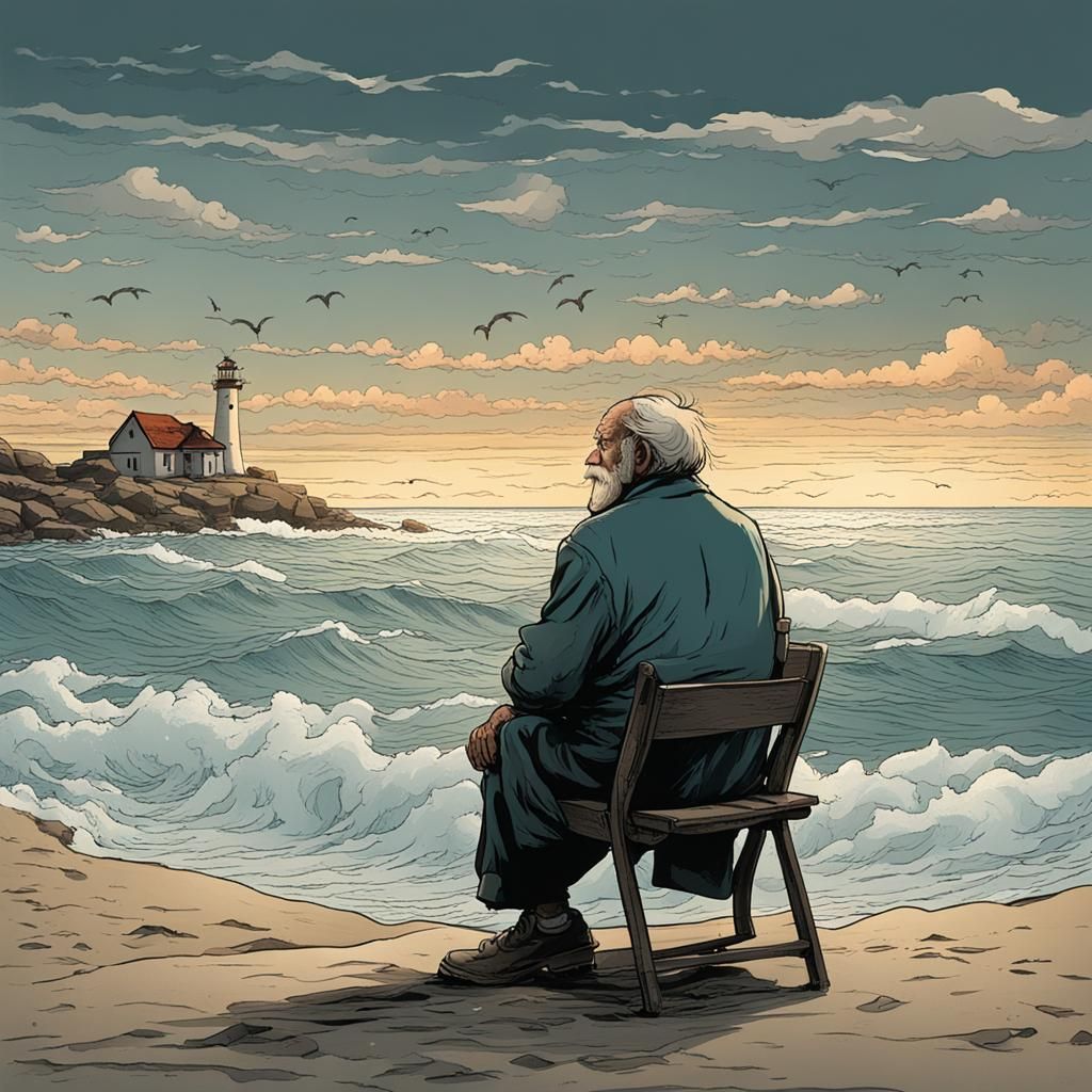 Seashore Contemplation: Old Man Gazing at Horizon