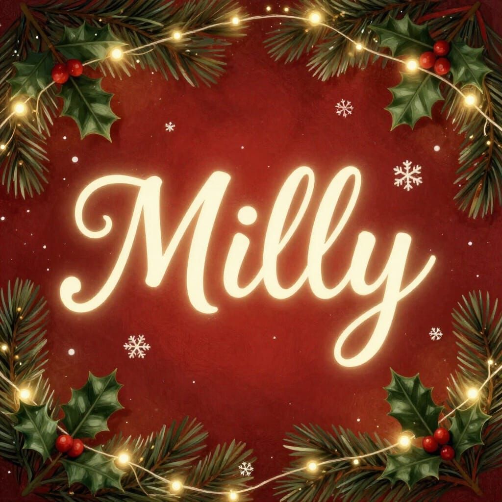 Festive Christmas Background with "Milly" in Glowing Script