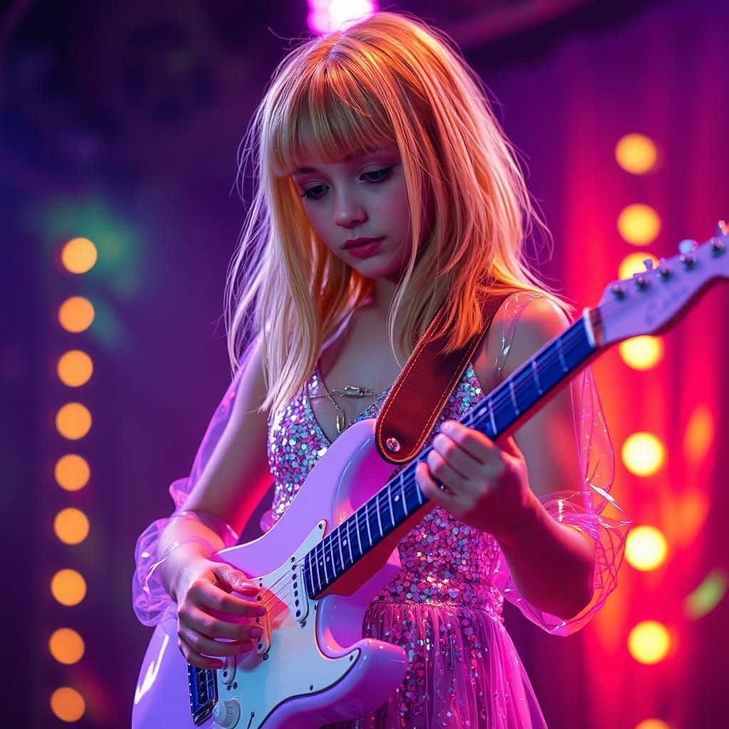 Girl Plays Electric Guitar on Stage in Fantasy Art