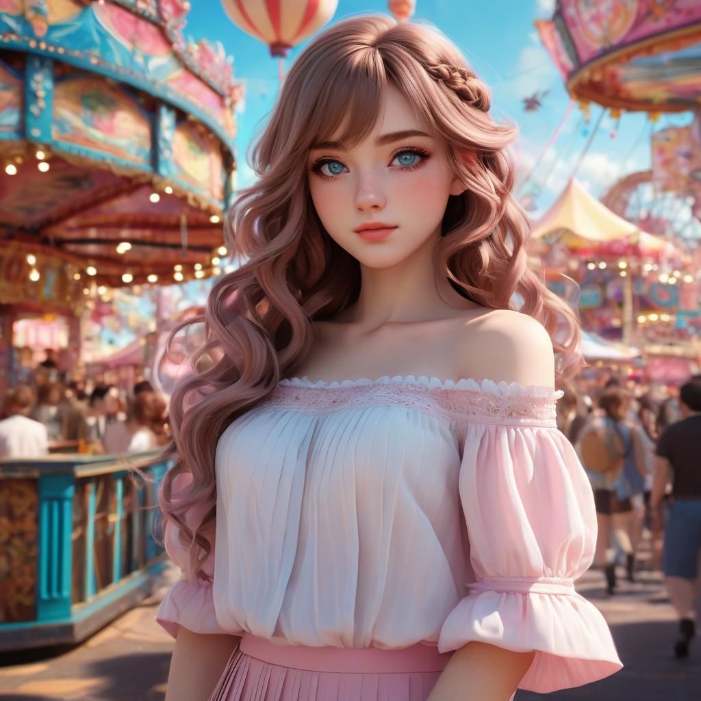 Semi-Realistic Anime Girl in Whimsical Carnival Scene