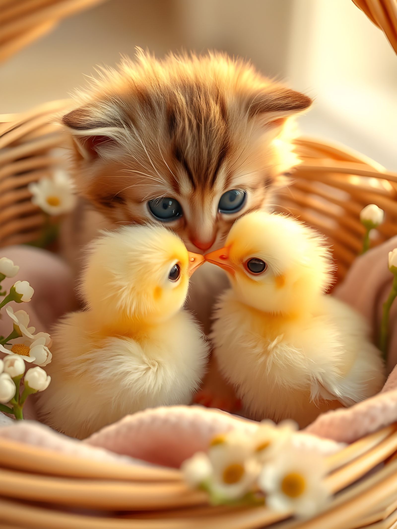 Fluffy Kitten and Baby Chick in Cozy Basket