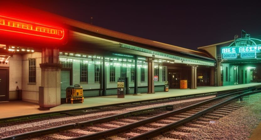 Dieselpunk Railroad Station at Night with Neon
