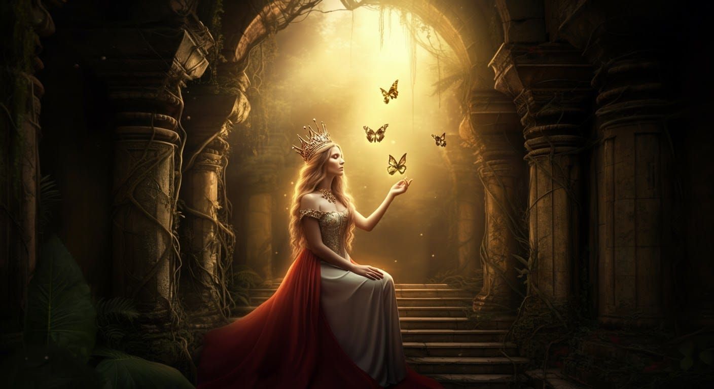 Majestic Queen in Abandoned Temple at Golden Hour